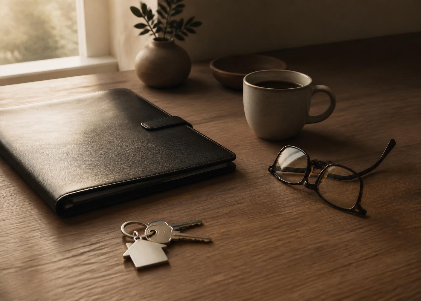 Keys, a loan folder and coffee on a desk in warm window light