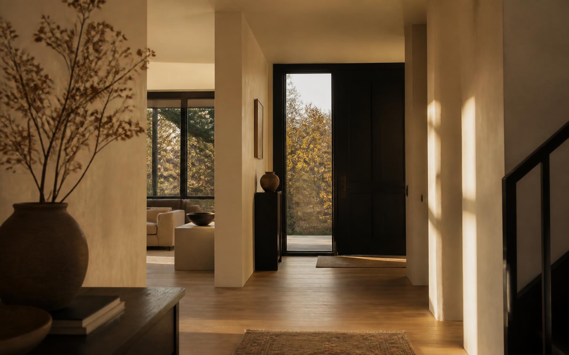 Warm entryway of a Minnesota home at golden hour